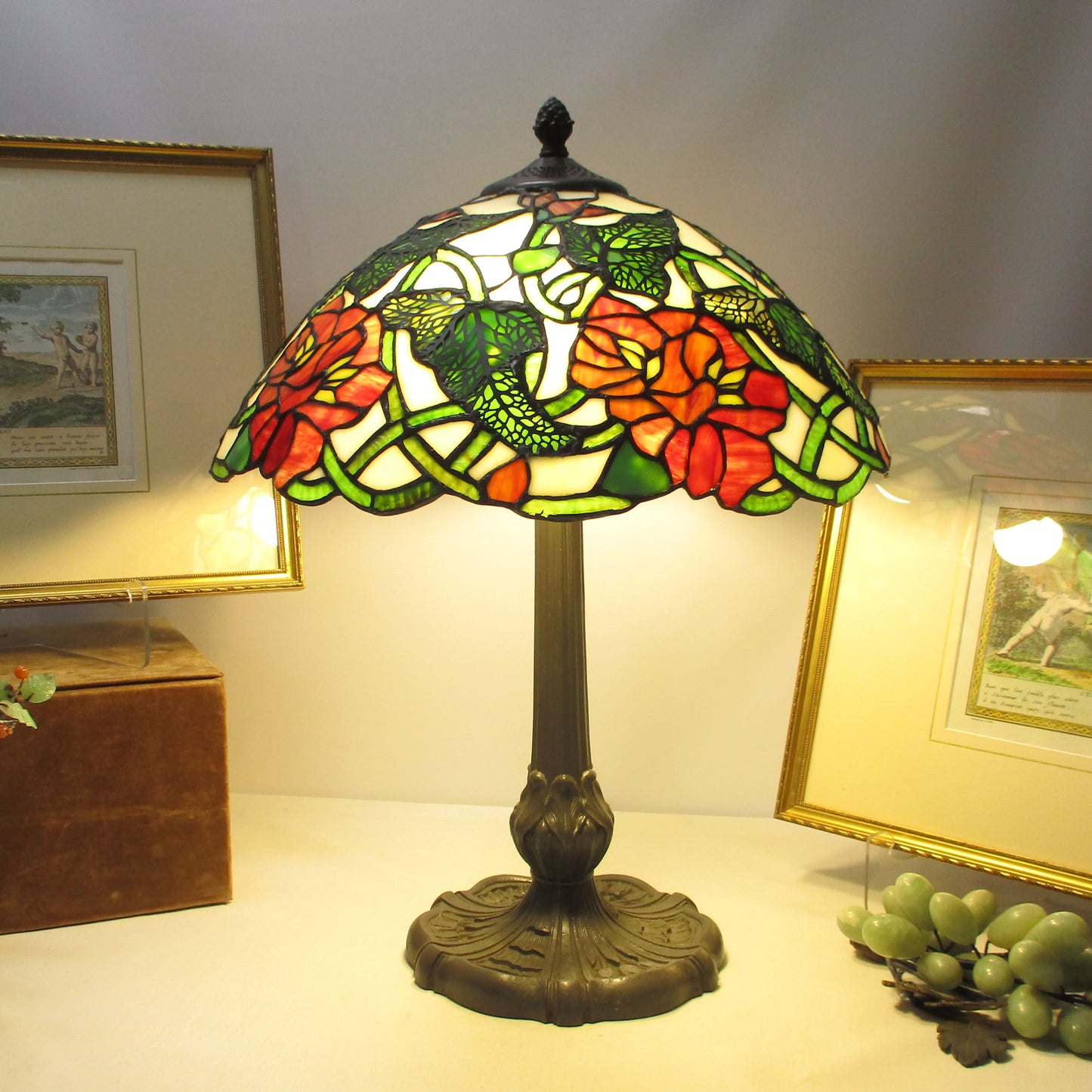 Poppy Leaded Stained Slag Glass Lamp on Cast Iron Gas Base