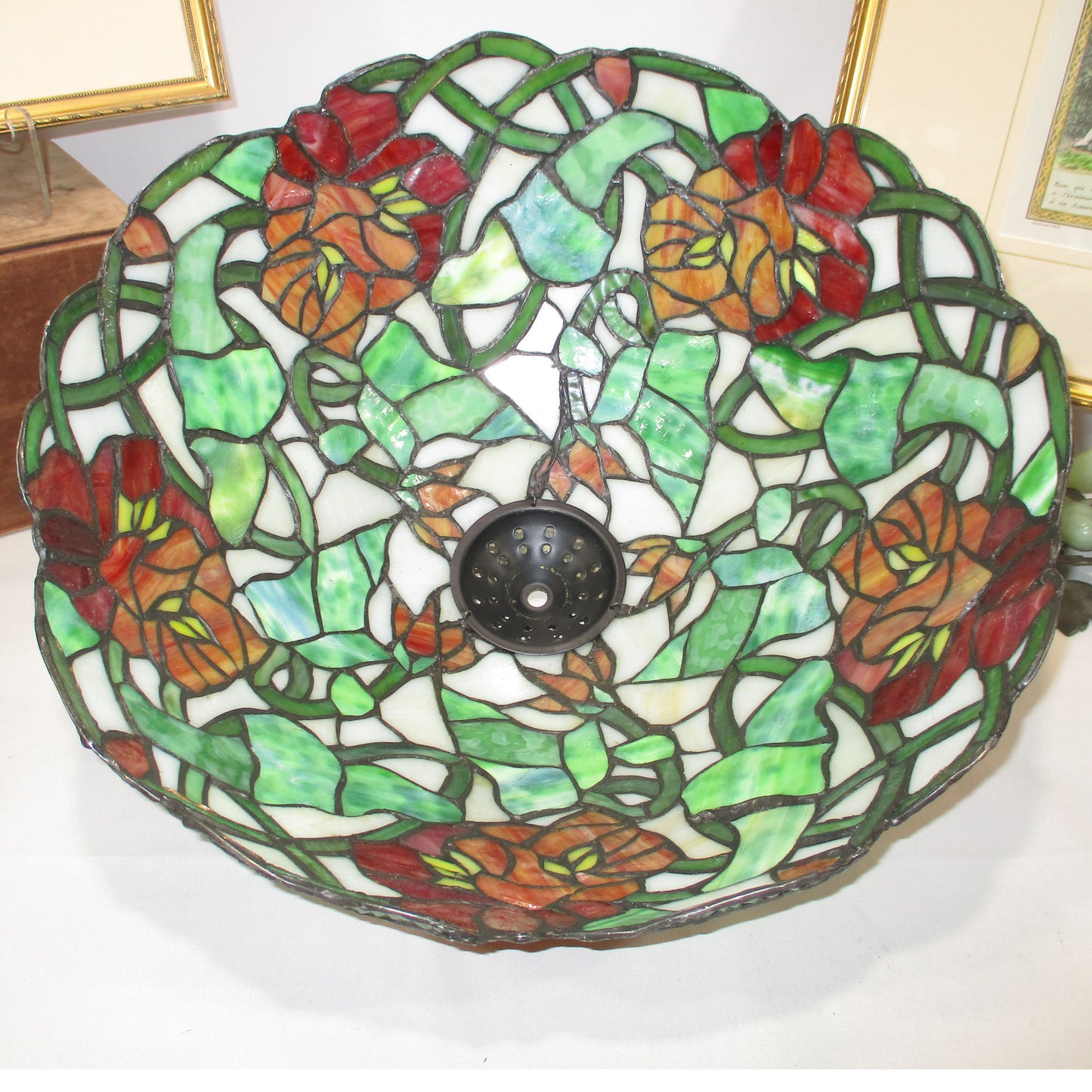 Poppy Leaded Stained Slag Glass Lamp on Cast Iron Gas Base