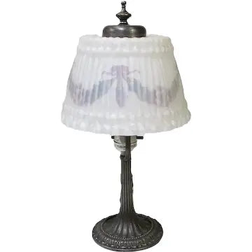 Antique Pittsburgh Reverse Painted Linen Fold Molded Glass Table Lamp 7" Shade