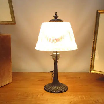 Antique Pittsburgh Reverse Painted Linen Fold Molded Glass Table Lamp 7" Shade
