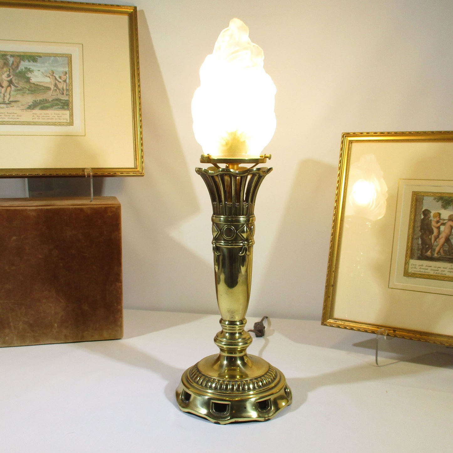 Solid Brass Berman Torchiere Table Lamp Flame Shade