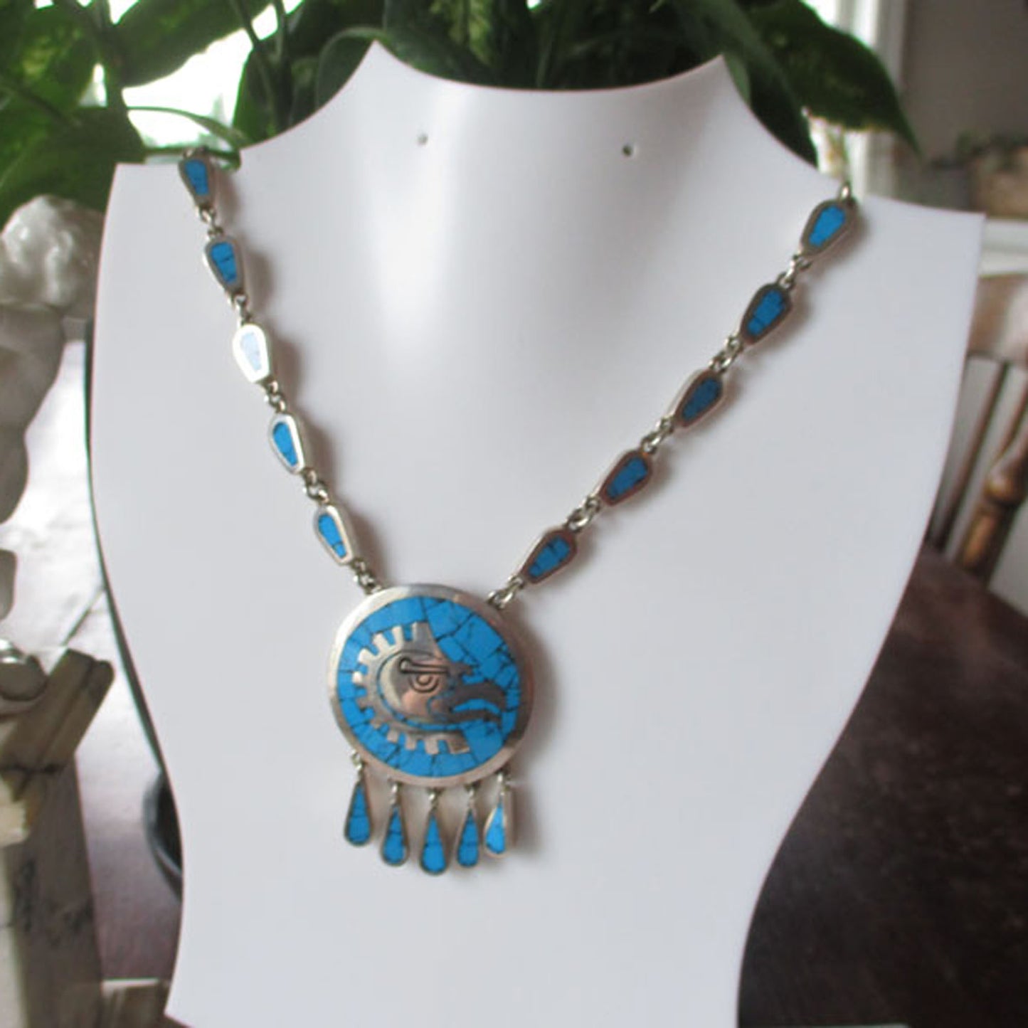 Sterling Silver and Turquoise Taxco Inlaid Fringe Necklace Tribal Arte de Plata