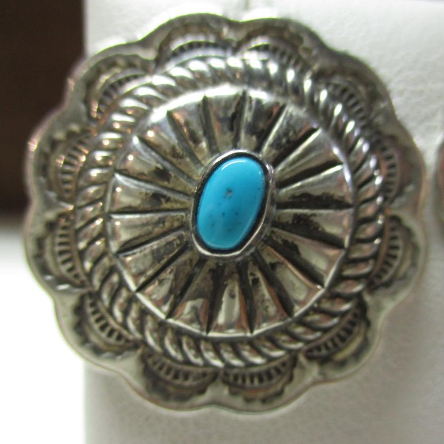 Gr 5 Navajo Sterling Silver Turquoise Concho Earrings Hand Stamped Old Pawn