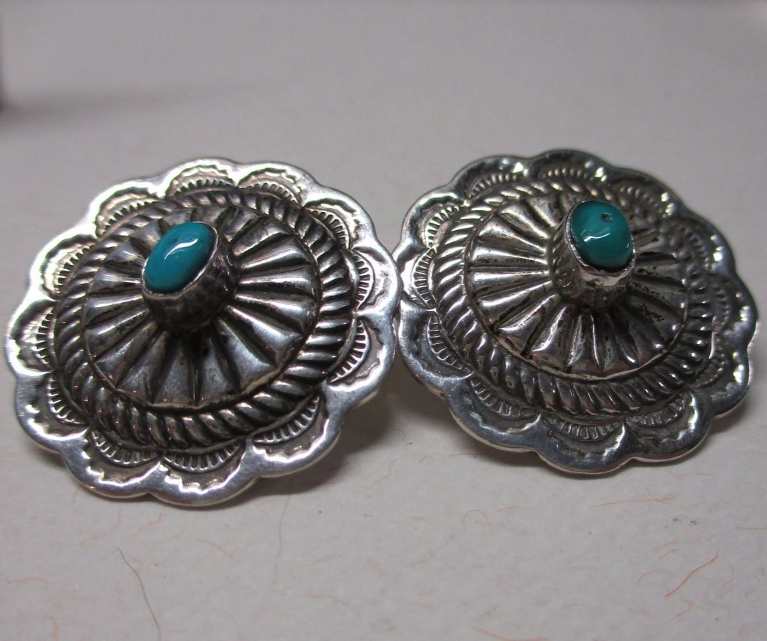 Gr 5 Navajo Sterling Silver Turquoise Concho Earrings Hand Stamped Old Pawn