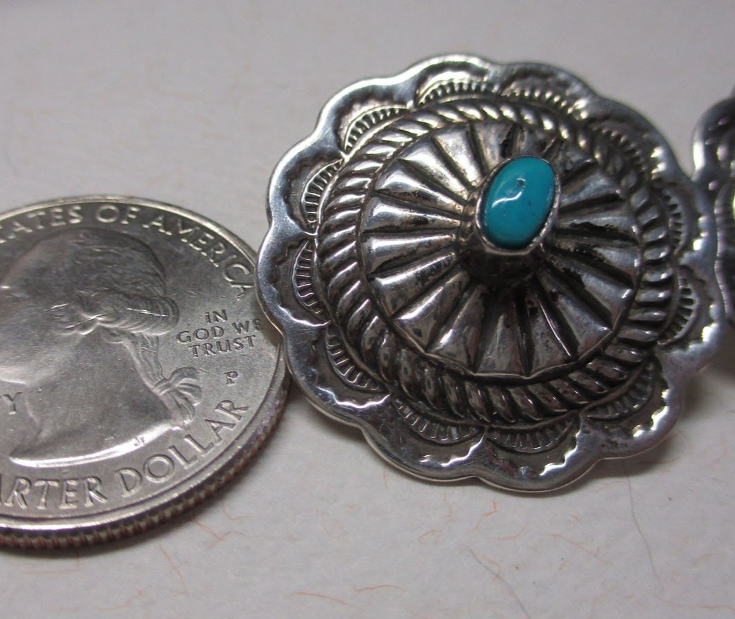 Gr 5 Navajo Sterling Silver Turquoise Concho Earrings Hand Stamped Old Pawn