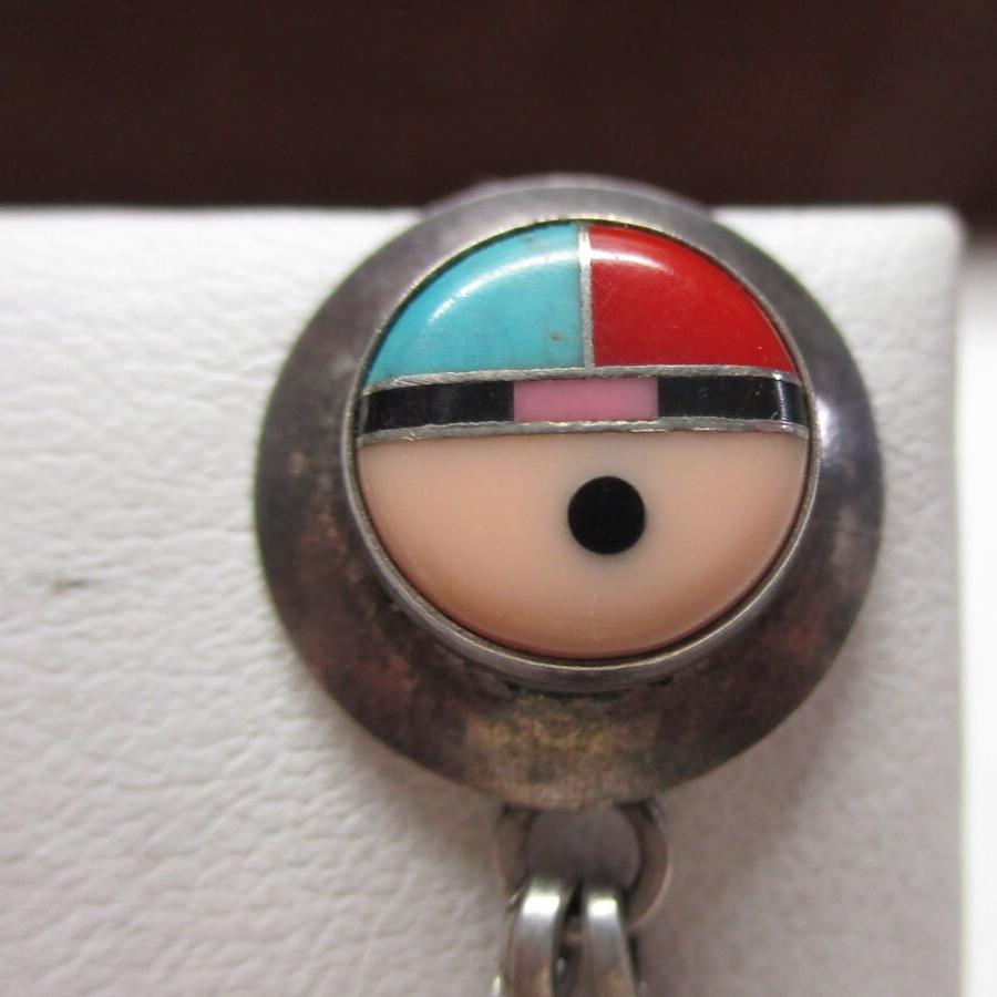 Gr 17 Zuni Sterling Silver Sun Face and Feather Earrings Turquoise, Onyx, Coral and Spiny Oyster