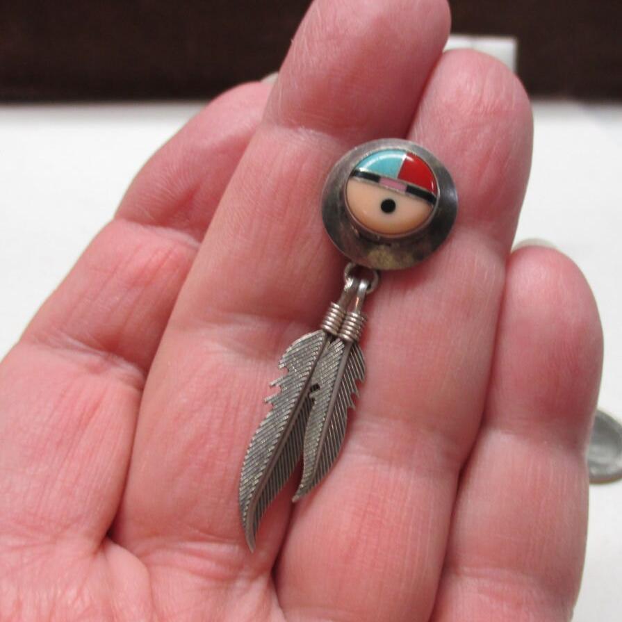 Gr 17 Zuni Sterling Silver Sun Face and Feather Earrings Turquoise, Onyx, Coral and Spiny Oyster