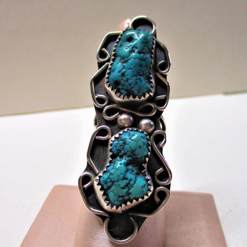 Gr 21 Vintage Navajo Sterling Silver and Turquoise Concho Ring Old Pawn Signed D