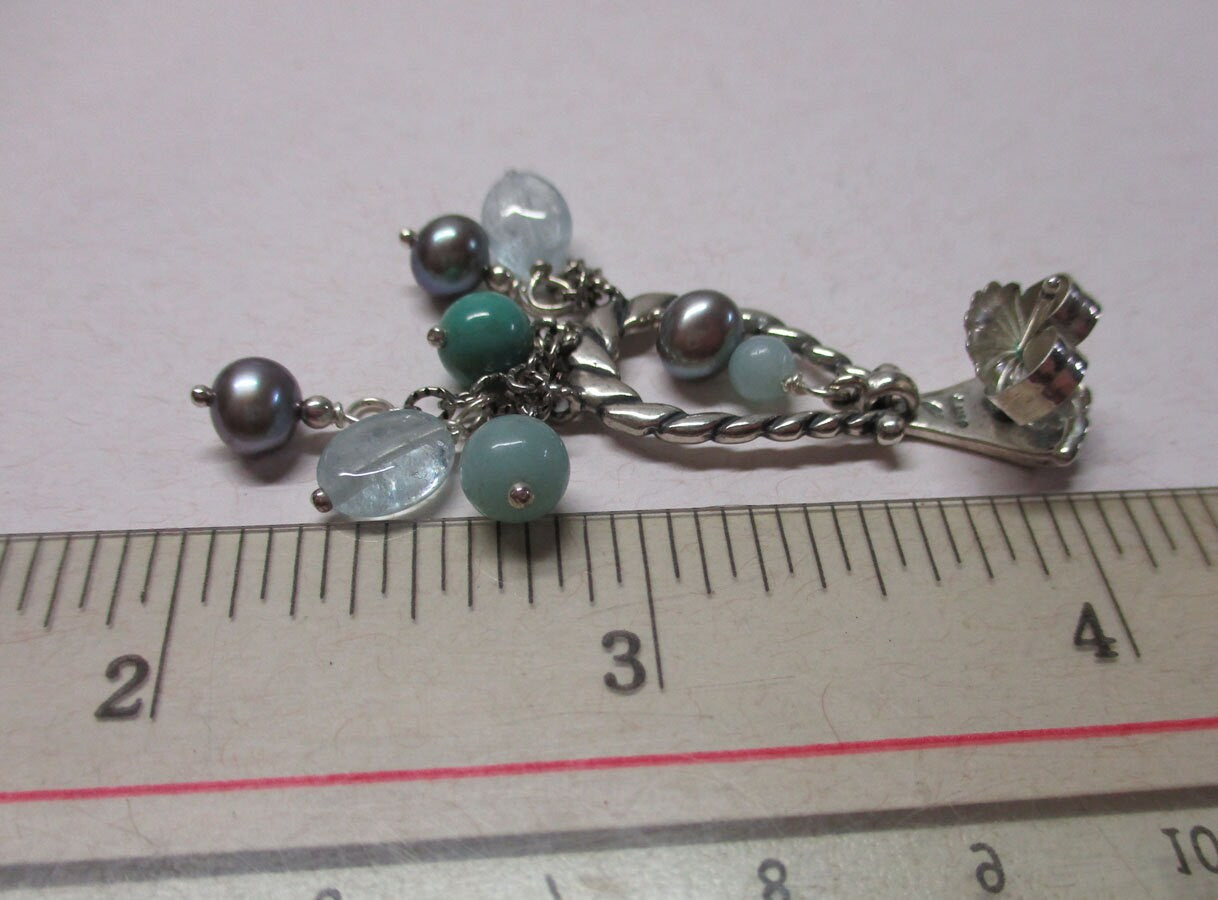 Gr 131 Southwestern Carolyn Pollack Relios Sterling Silver, Turquoise and Aquamarine Post Chandelier Earrings 2"