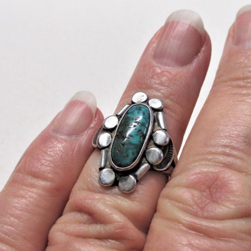Native American Southwestern Old Pawn Sterling Silver Spiderweb Turquoise Ring