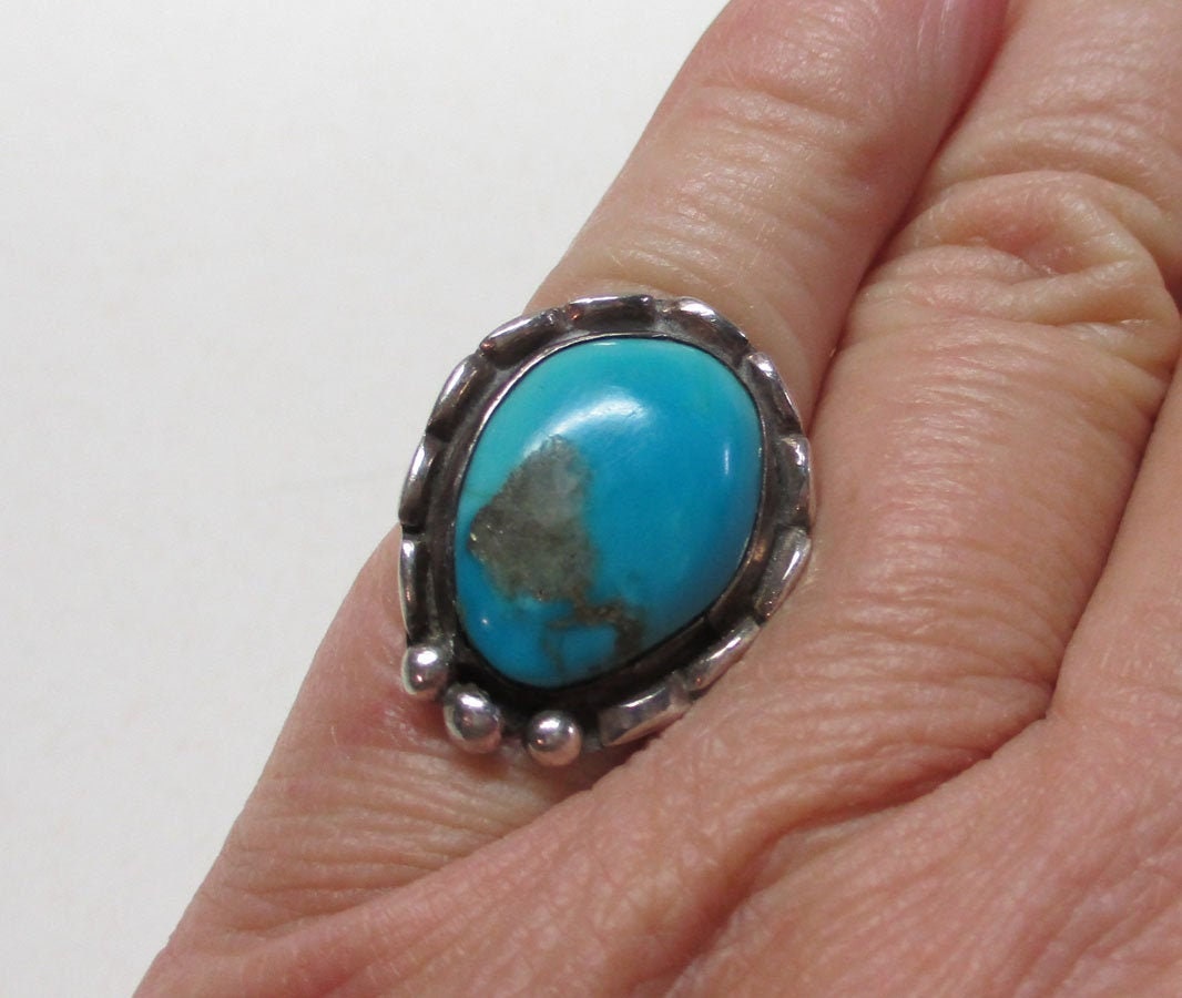 Navajo Native American Southwestern Old Pawn Sterling Silver Quartz Turquoise Ring
