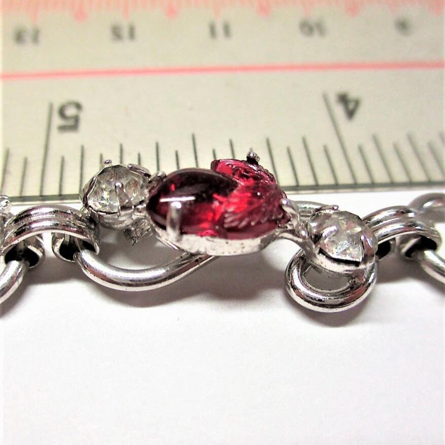 Gr 31 Vintage Mid Century Modern Sterling Silver, Rhinestone and Molded Glass Filigree Bracelet