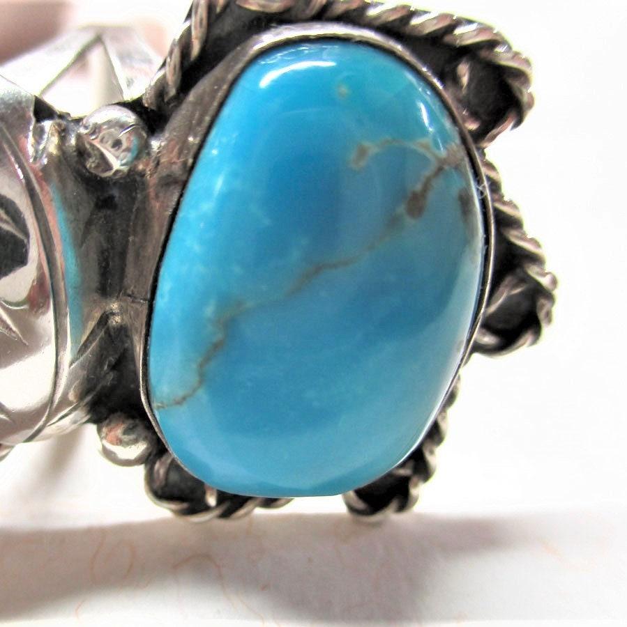 Gr 21 Vintage Navajo Sterling Silver, Mother of Pearl and Turquoise Concho Ring Old Pawn