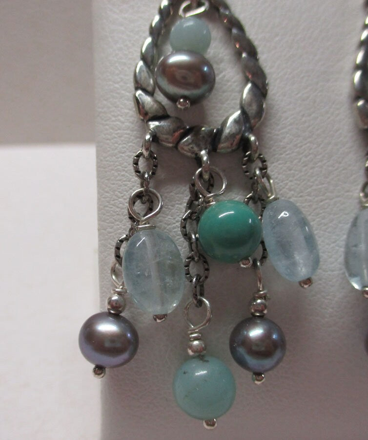 Gr 131 Southwestern Carolyn Pollack Relios Sterling Silver, Turquoise and Aquamarine Post Chandelier Earrings 2"