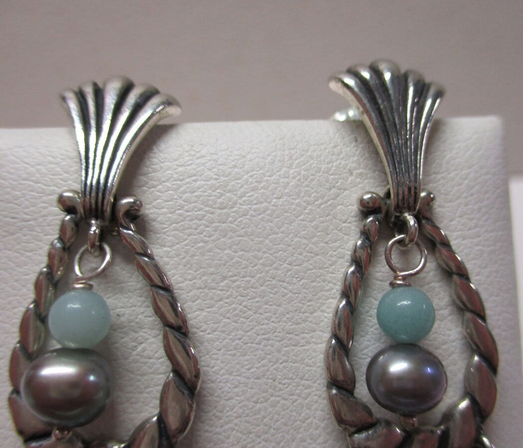 Gr 131 Southwestern Carolyn Pollack Relios Sterling Silver, Turquoise and Aquamarine Post Chandelier Earrings 2"