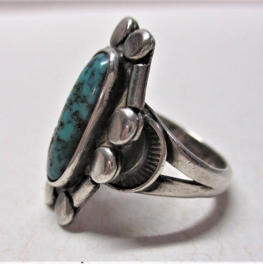 Gr 29 Native American Southwestern Old Pawn Sterling Silver Spiderweb Turquoise Ring
