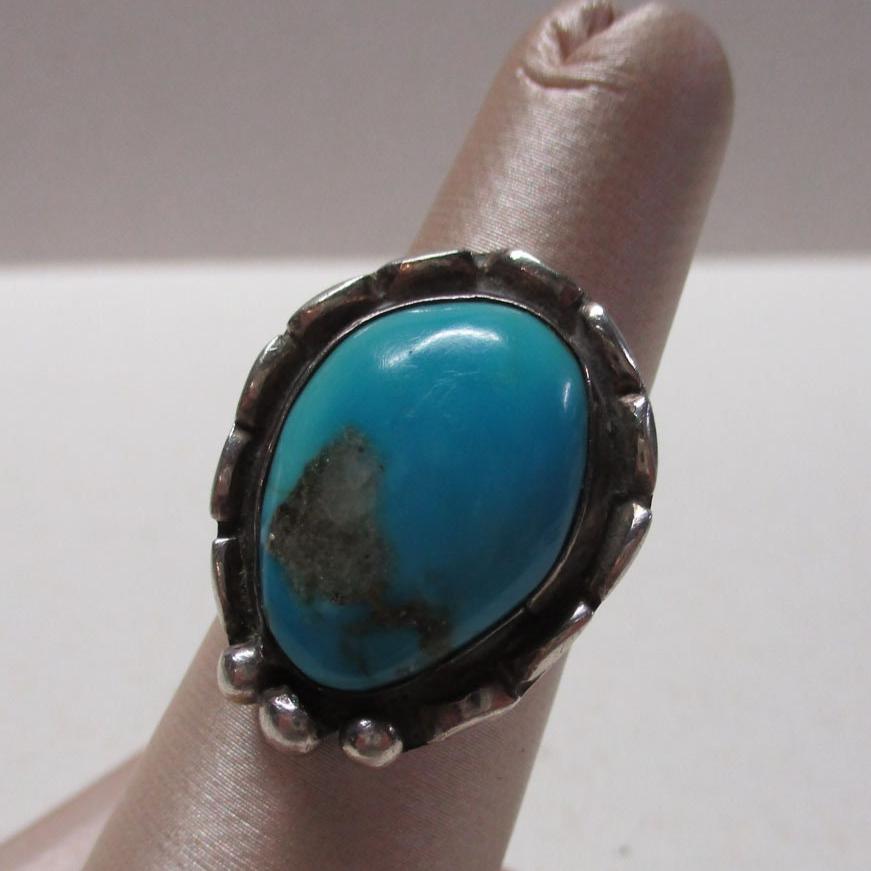 Gr 29 Navajo Native American Southwestern Old Pawn Sterling Silver Quartz Turquoise Ring