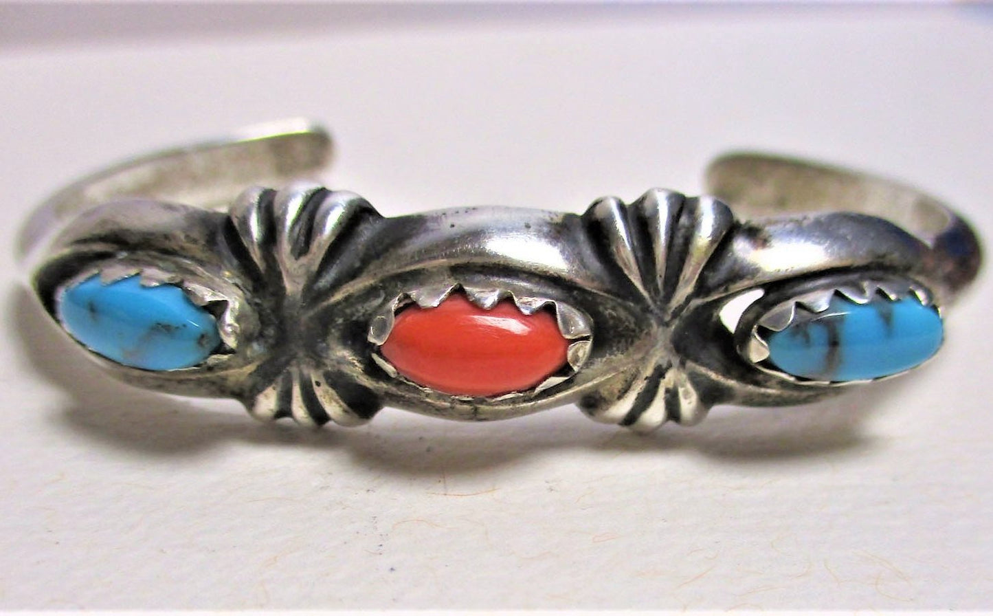 Gr 51 Navajo Ingot Tuffa or Sandcast Turquoise and Coral Sterling Silver Bracelet