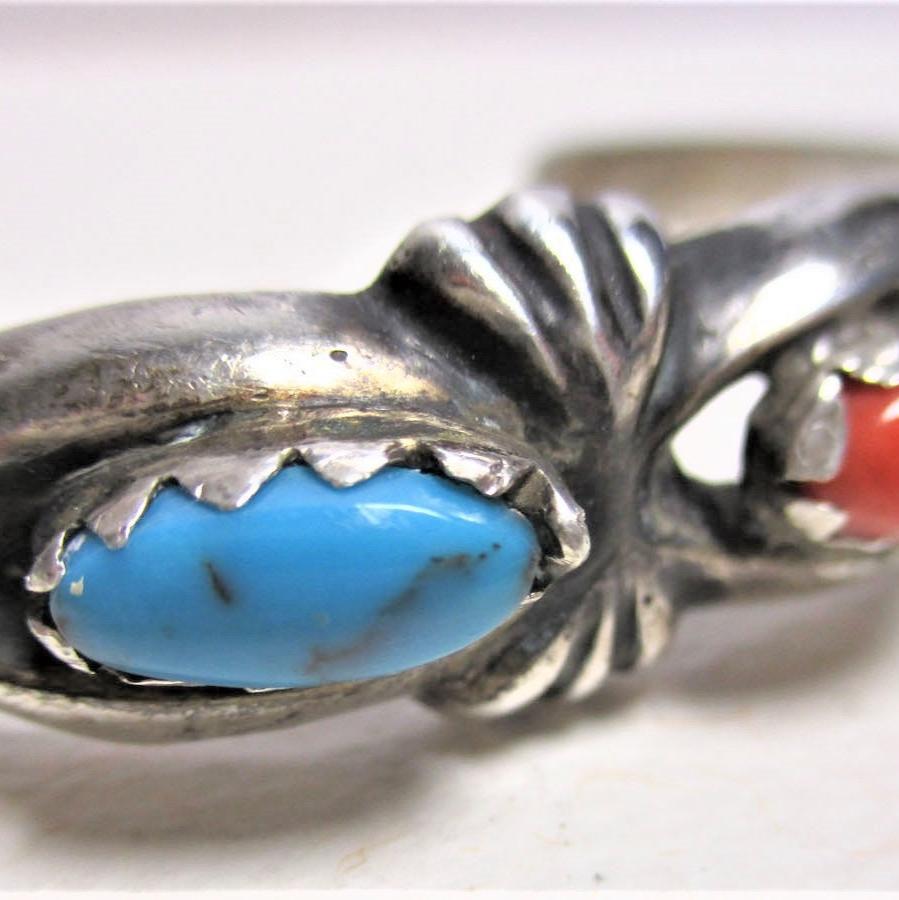Gr 51 Navajo Ingot Tuffa or Sandcast Turquoise and Coral Sterling Silver Bracelet
