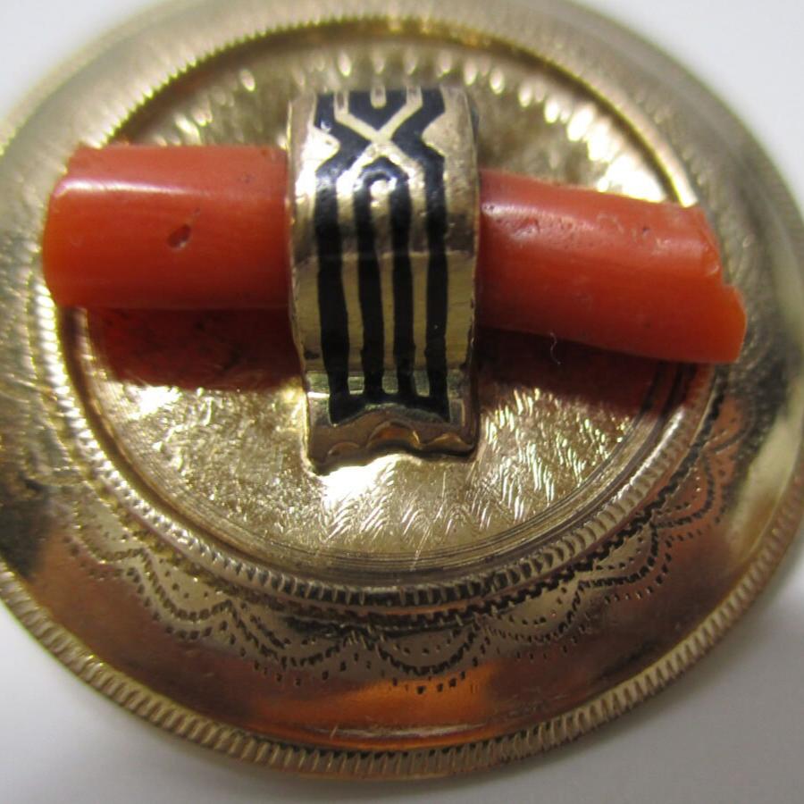 Gr 61 Solid 10K Gold and Coral Early Victorian Pin Brooch Taille d'Epargne
