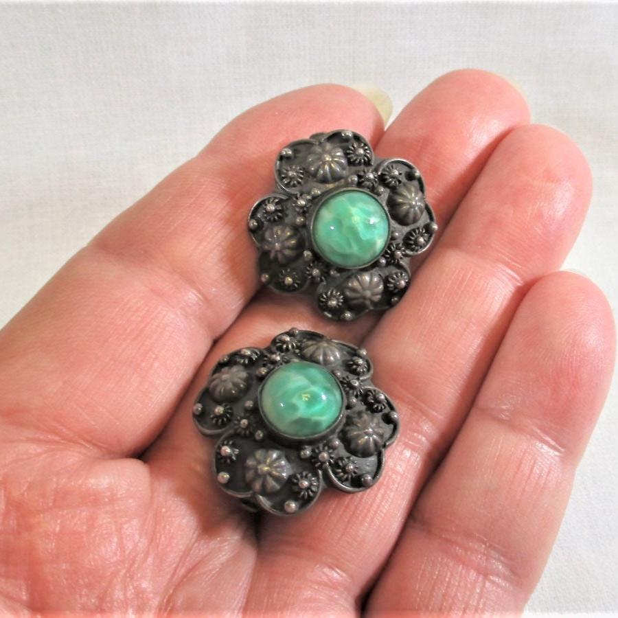 Gr 65 Filigree Cannetille .800 Silver Clip-on Earrings Czech Glass