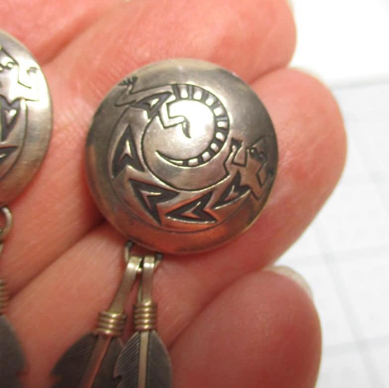 Gr 69 Hopi Sterling Silver Lizard and Feather Drop Earrings