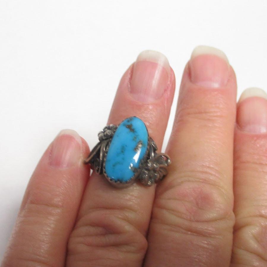 Gr 70 Les Baker Shop Navajo Sterling Silver Morenci Turquoise Squash Blossom Ring Size 6