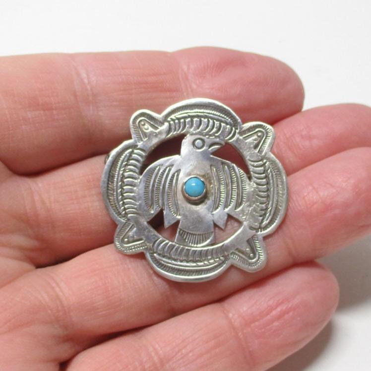 Gr 72 Navajo Fred Harvey Era Sterling Silver and Turquoise Ingot Hand Stamped Pin 1 1/4"