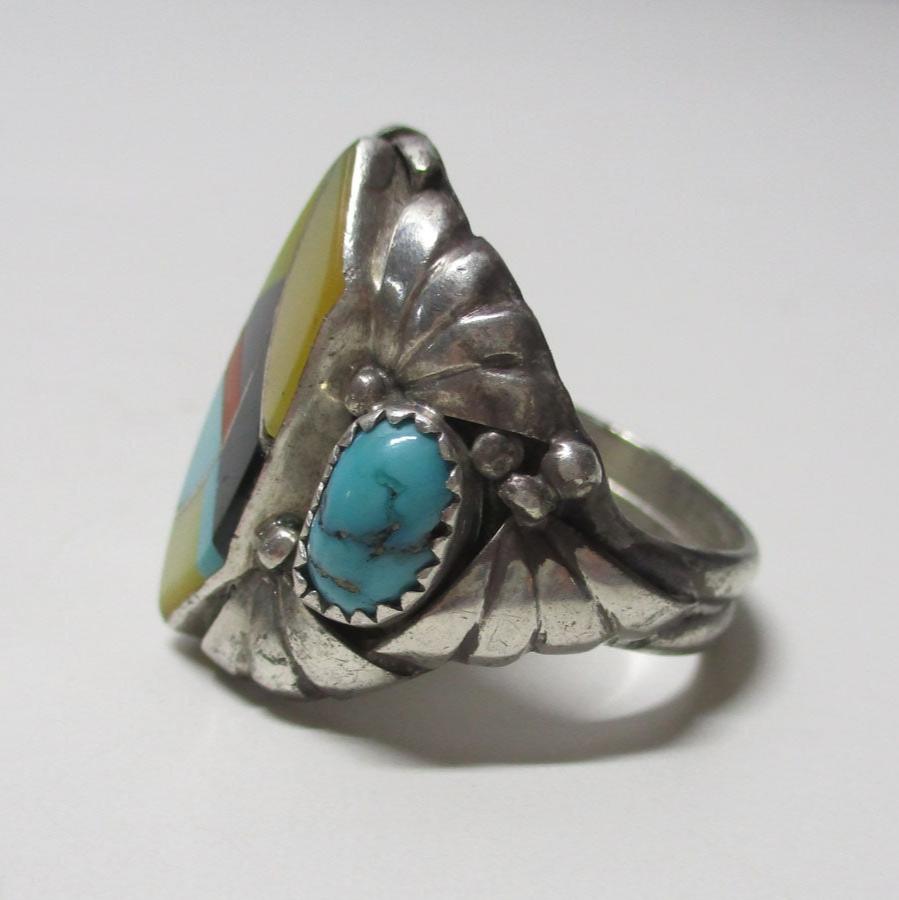 Gr 72 Navajo Sunburst Handcrafts Inlaid Sterling Silver Signet Ring Vintage