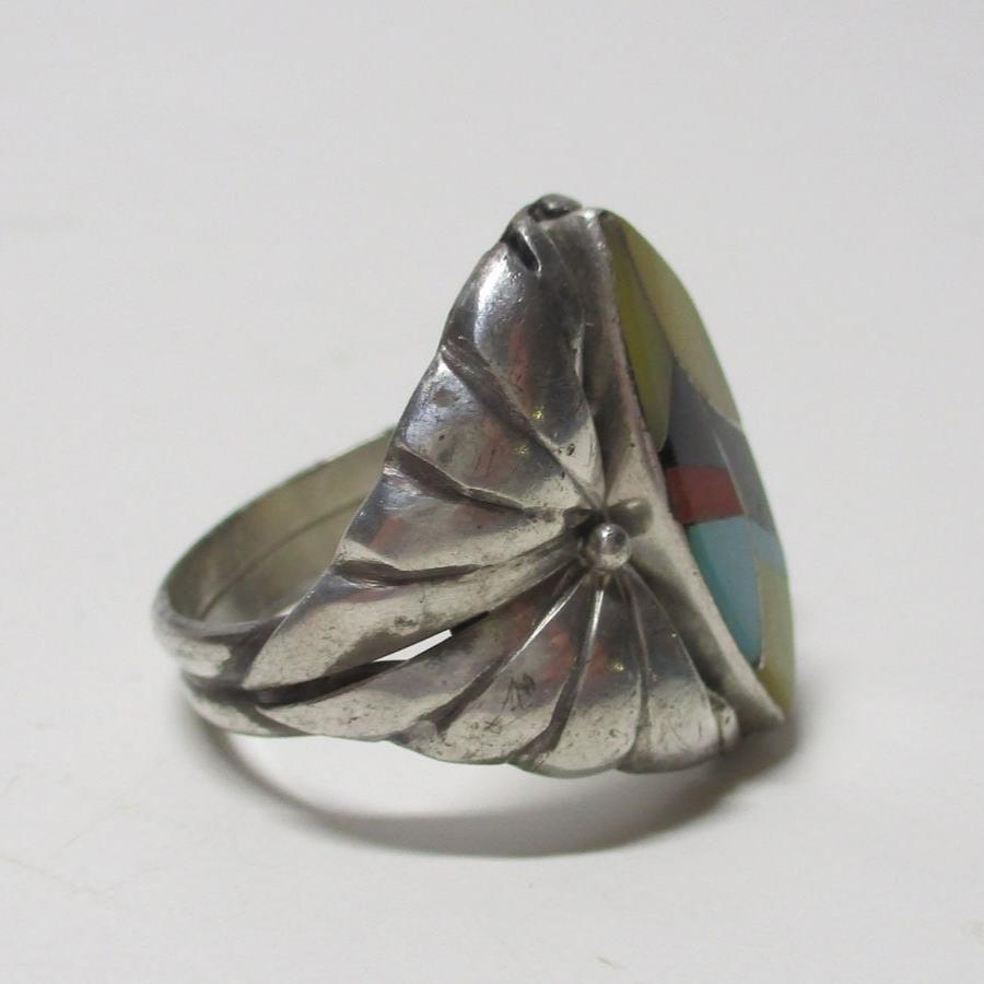 Gr 72 Navajo Sunburst Handcrafts Inlaid Sterling Silver Signet Ring Vintage