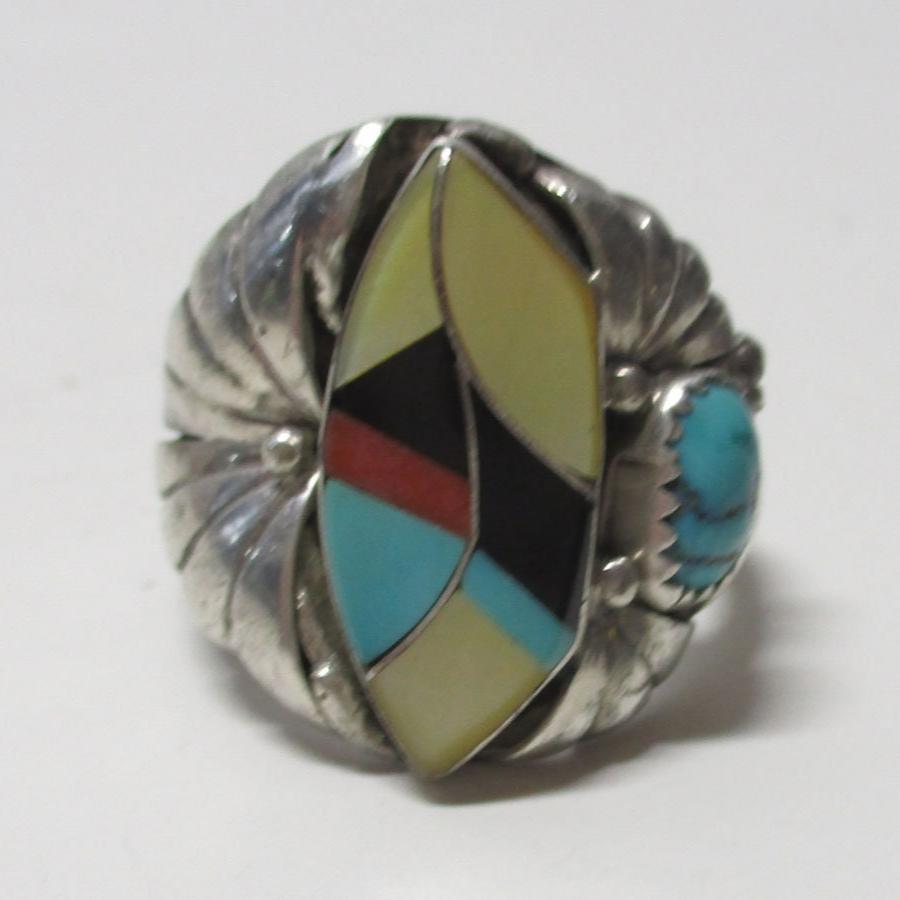 Navajo Sunburst Handcrafts Inlaid Sterling Silver Signet Ring Vintage
