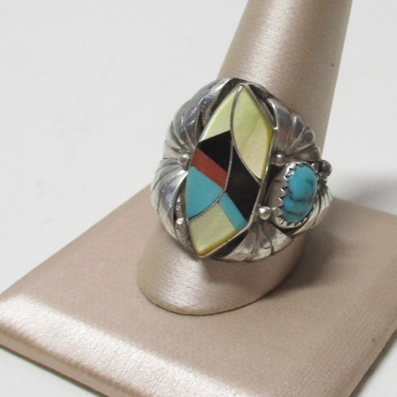 Gr 72 Navajo Sunburst Handcrafts Inlaid Sterling Silver Signet Ring Vintage