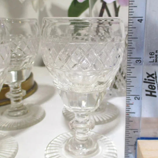 Georgian or Regency Set of Four Wine Glasses Panel Cut and Diamond Point with a Star Cut Foot