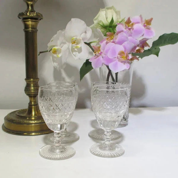 Georgian or Regency Set of Four Wine Glasses Panel Cut and Diamond Point with a Star Cut Foot