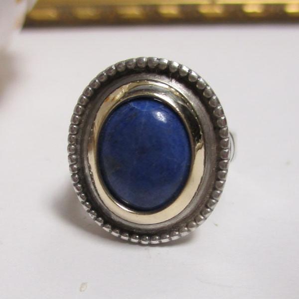 Sterling Silver, 14K Gold and Lapis Lazuli Statement Ring Size 7