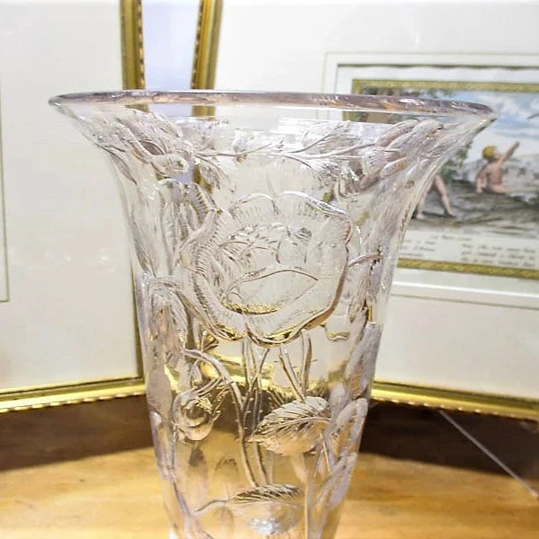 Gorham Sterling Silver and Brilliant Period Cut Glass Vase 10" Gravic Deep Cuts