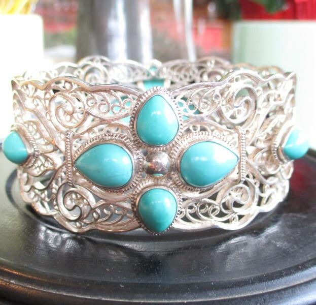 Gr 91 Sterling Silver and Turquoise Reticulated Cannetille Bracelet 56.29 Grams