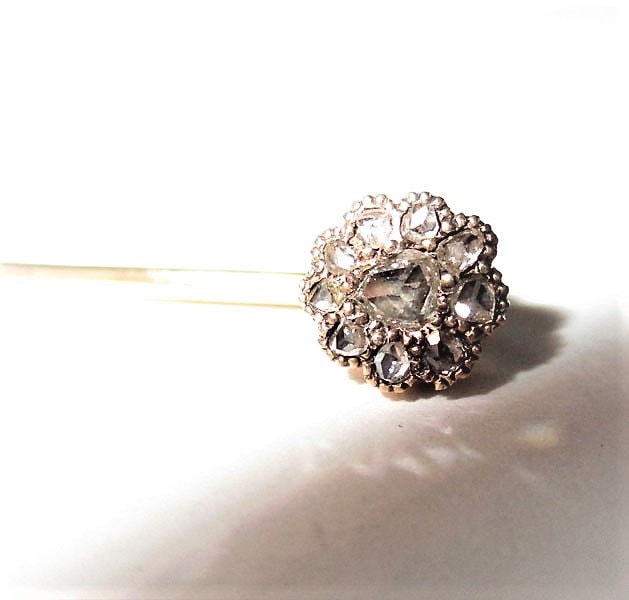 Gr 101 Georgian Sterling Silver and 14K Gold Rose-cut Diamond Stickpin 2 1/2"