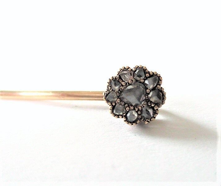 Gr 101 Georgian Sterling Silver and 14K Gold Rose-cut Diamond Stickpin 2 1/2"