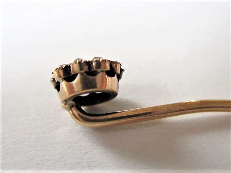 Gr 101 Georgian Sterling Silver and 14K Gold Rose-cut Diamond Stickpin 2 1/2"