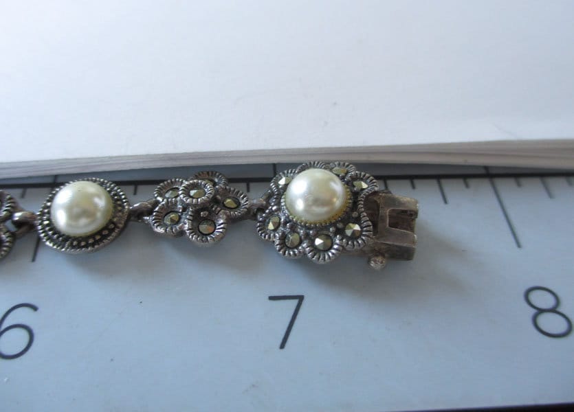 Gr 106 Sterling Silver, Faux Pearl and Marcasite Art Deco Floral Bracelet