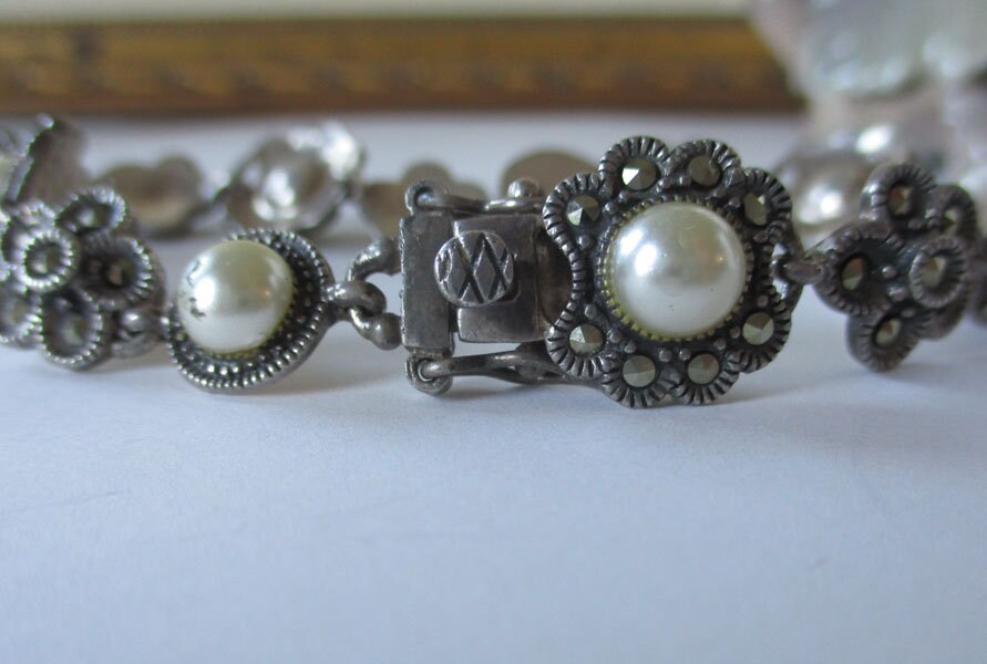 Gr 106 Sterling Silver, Faux Pearl and Marcasite Art Deco Floral Bracelet