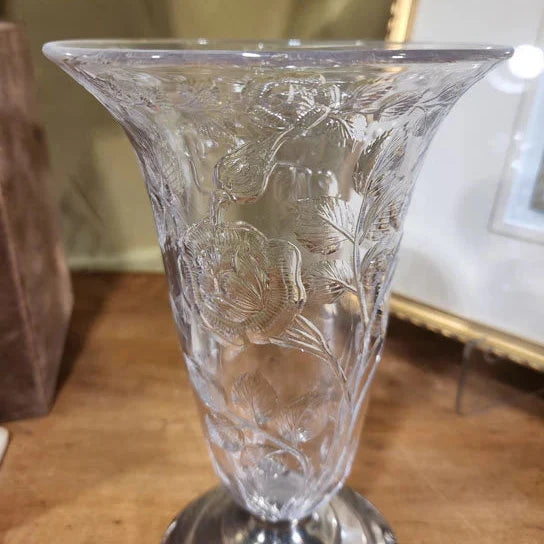 Gorham Sterling Silver and Brilliant Period Cut Glass Vase 10" Gravic Deep Cuts