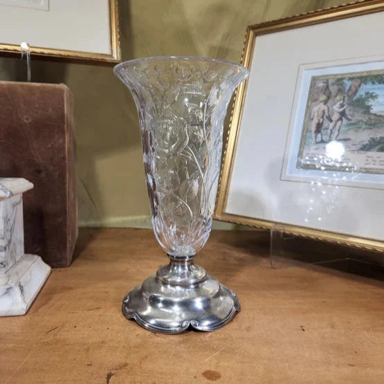 Gorham Sterling Silver and Brilliant Period Cut Glass Vase 10" Gravic Deep Cuts