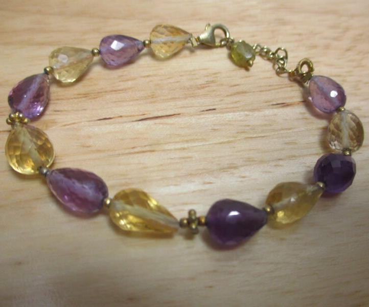Sterling Silver Vermeil, Amethyst and Citrine Briolette Beaded Link Bracelet 6 3/4 Inch