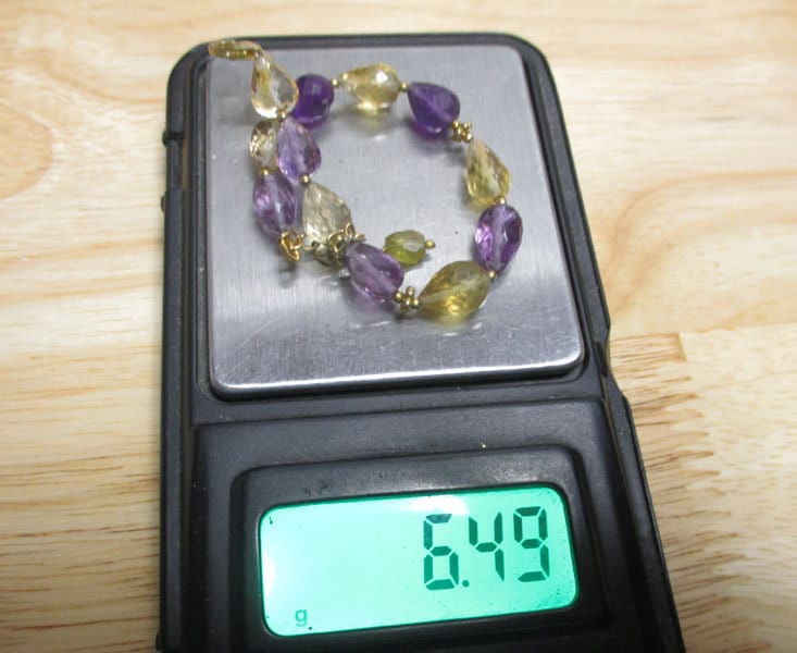 Gr 115 Sterling Silver Vermeil, Amethyst and Citrine Briolette Beaded Link Bracelet 6 3/4 Inch
