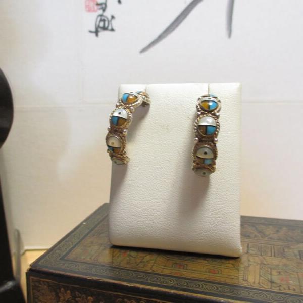 Zuni Sterling Silver Sun face Inlaid Hoop Earrings