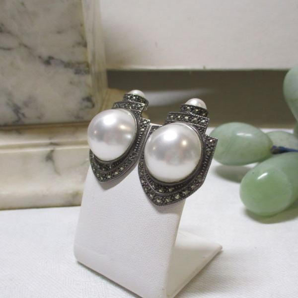 Gr 117 Sterling Silver, Pearl and Marcasite Signed Clip-on Earrings Judith Jack