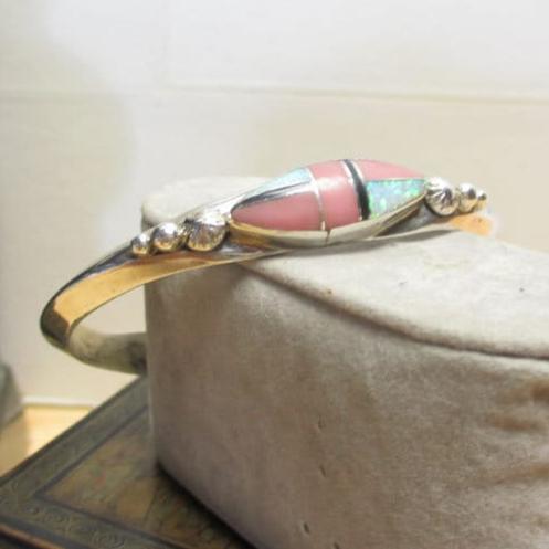 Navajo Signed Roger Francisco Sterling Silver, Spiny Oyster and Opal Inlaid Cuff Bracelet