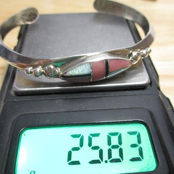 Gr 116 Navajo Signed Roger Francisco Sterling Silver, Spiny Oyster and Opal Inlaid Cuff Bracelet